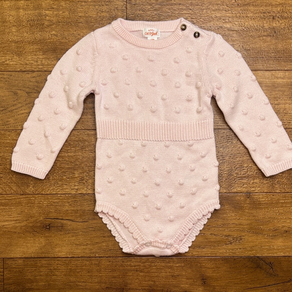 Cat & Jack Size 12mo Light Pink Knit Bubble Long-Sleeve One-Piece 100% Cotton